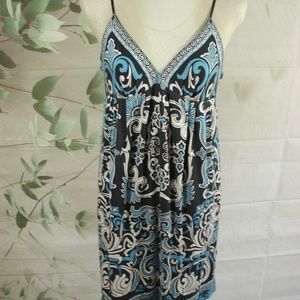 ECI New York Tank Dress Wash Silk Aqua Black White Abstract Tribal Design Large